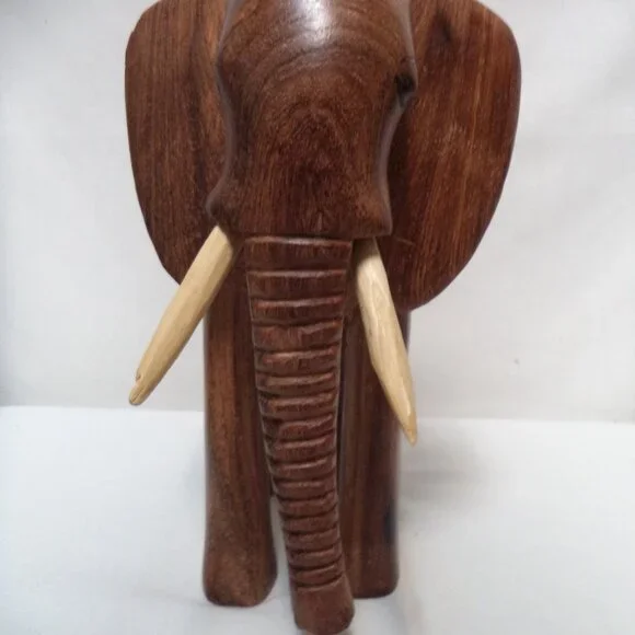 Elephant Wood Hand Carved Figurine Statue brown w/ Tusks Trunk 11" x 8.5" Decor - Picture 10 of 13